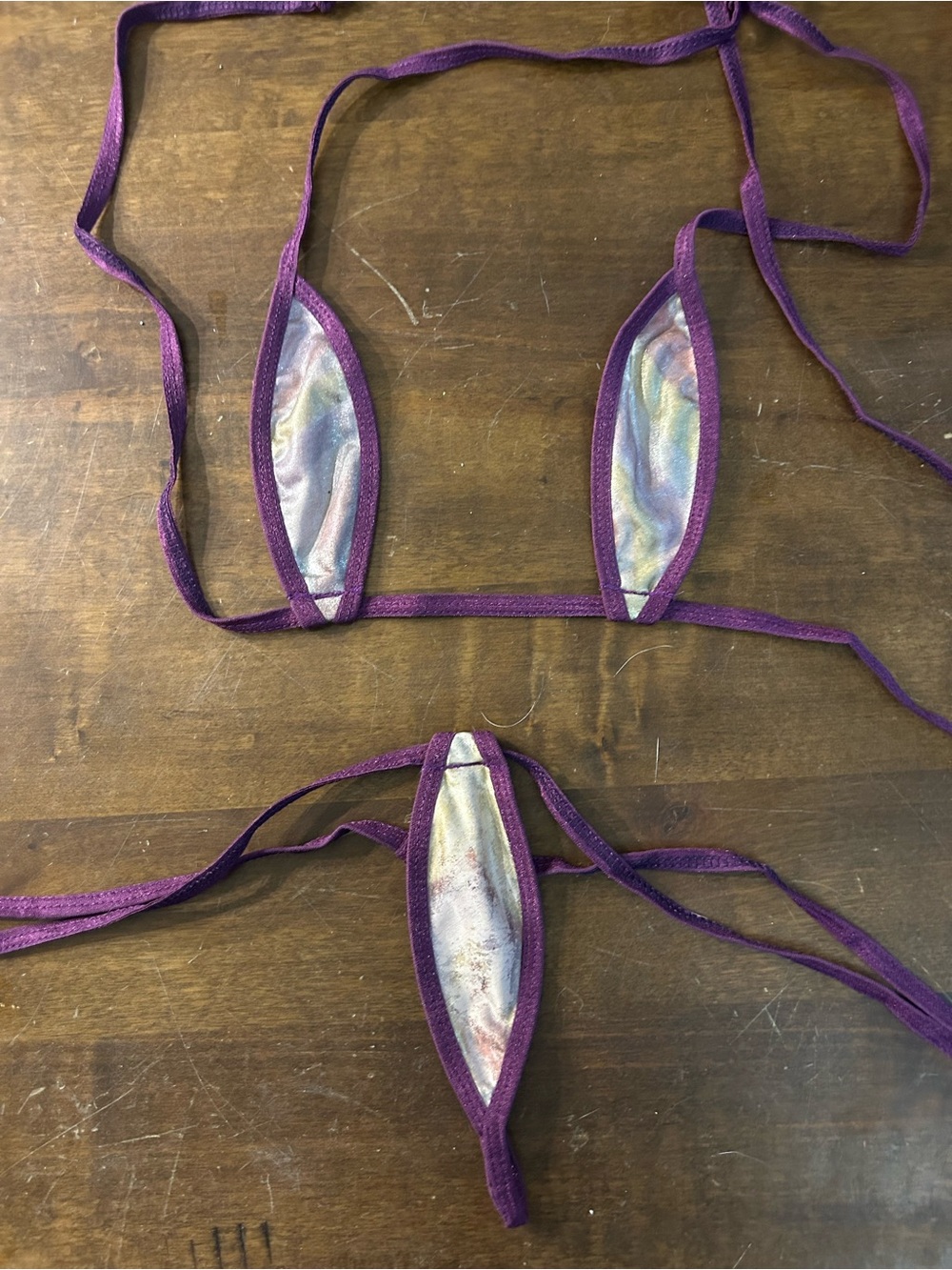New with Defects Handmade Purple w/ Pastel Lame Teardrop Top & G-String Bikini